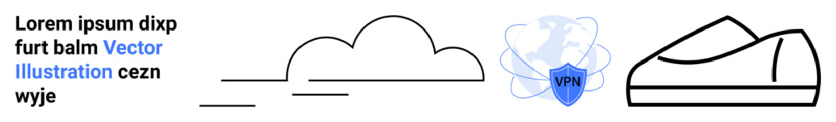 Cloud symbol, abstract line road, VPN shield, and shoe icon. Ideal for technology, security, footwear, cloud computing, virtual private networks, website design, digital illustrations. Landing page