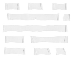 selection of white labels, banner, tags, stickers, torn, ripped, peeled, paper pieces, adhesive tape, masking tape, wavy, strips