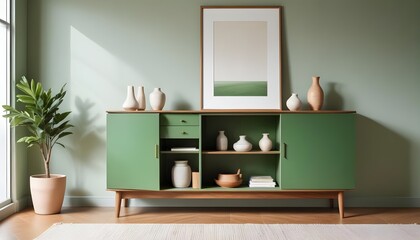 Wood sideboard in green living room with copy space