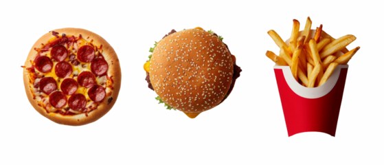 Overhead view of pepperoni pizza, hamburger, and french fries.