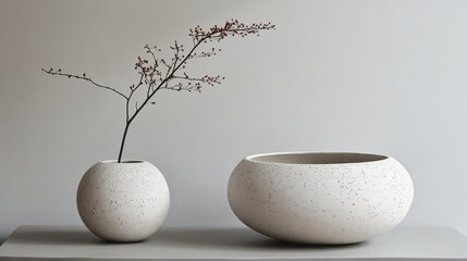 Two white ceramic planters with a sprig of dried berries in one.