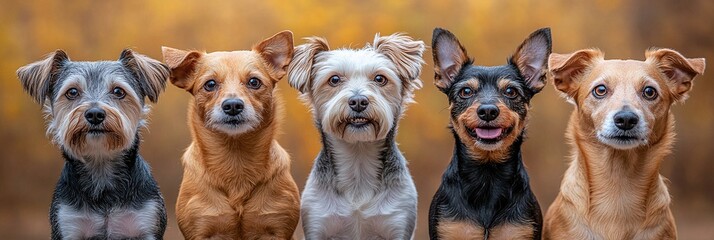 Obraz premium Five adorable dogs of different breeds, posing for a portrait against a blurry autumn background. Their fur is a mix of grey, brown, and white, and their expressions are sweet and curious.