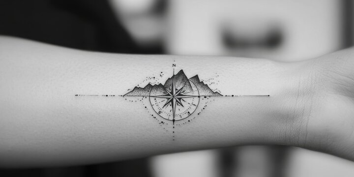 Mountain compass tattoo design showcasing nature\'s beauty and adventure on a person\'s forearm