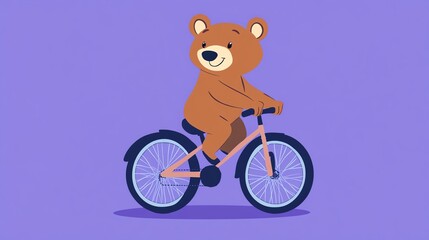 Fototapeta premium A cute cartoon bear riding a bicycle on a purple background.