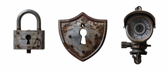 Padlock, shield, and security camera.