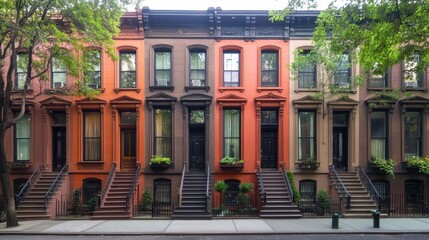 Colorful brownstone buildings in NYC with cinematic natural lighting