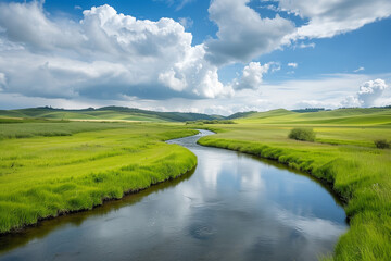 Obraz premium landscape of green fields with beautiful clouds floating over blue sky and crystal clear water stream illustrating elements of natural beauty