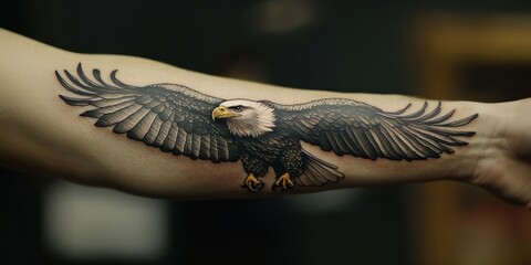 Majestic eagle tattoo design showcasing intricate details on a forearm in a serene environment during studio hours