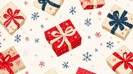 Obraz premium christCute festive gift boxes with sparkles and snowflakes celebrating christmas holiday seamless pattern