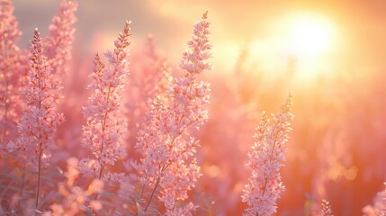 Beautiful Soft Pink Flowers in Bloom Against Warm Sunset Glow
