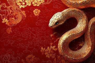 Obraz premium Elegant golden snake on a rich red background