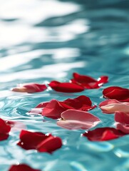 Red Rose Petals Placed on Water Surface. Beauty and Spa Background.