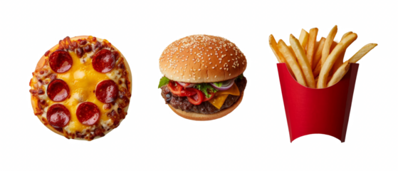Pizza, hamburger, and french fries.