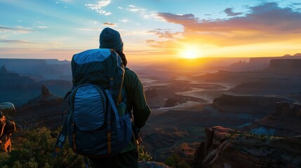 Backpacker Admiring a Scenic Sunrise Over a Mountain Landscape in Nature
