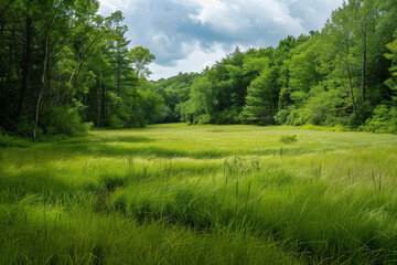 Obraz premium landscape of green fields with large trees with beautiful clouds floating over blue sky illustrating elements of natural beauty