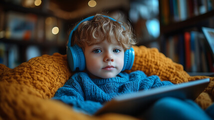 Child with Headphones Using Tablet in Cozy Library Setting