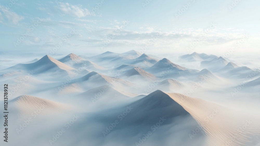 Poster expansive mocha sand dunes rise like gentle waves against a clear blue sky, creating a tranquil atmo