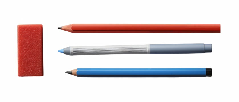 Red eraser and colored pencils red, gray, blue. - Powered by Adobe