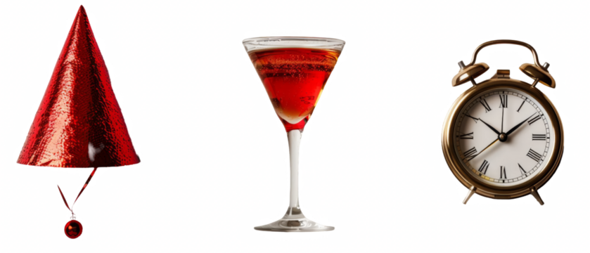 Red party hat, cocktail glass, and vintage alarm clock.