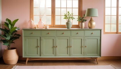 Wood sideboard in green living room with copy space