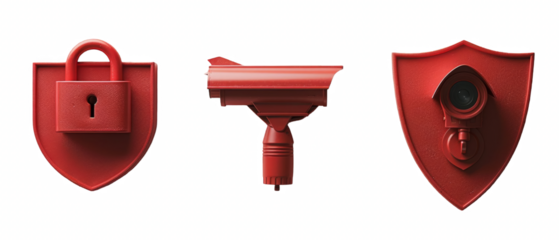 Red security icons padlock, CCTV camera, shield.