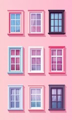 Fototapeta premium Minimalistic pink pastel wall with a window and two potted plants, featuring fluffy clouds visible in the sky outside