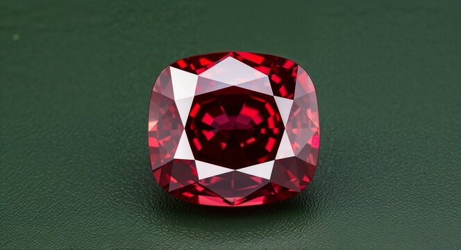 Cushion cut ruby vibrant red brilliance polished shine on a dark green background