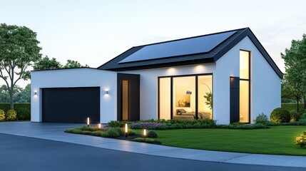 Modern house with solar panels and landscaped surroundings.