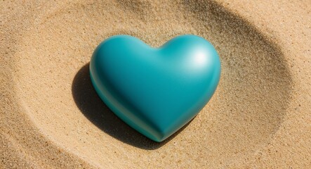 Heart shaped turquoise calming blue green glow smooth finish on a sandy beige background