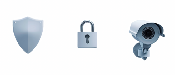 Security icons shield, padlock, CCTV camera.