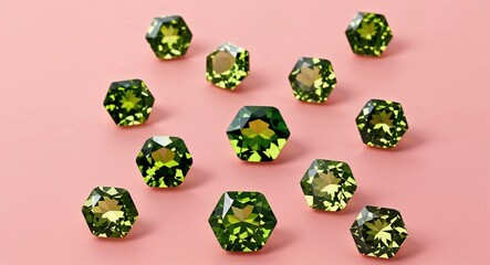 Hexagon peridot fresh green brilliance gleaming facets on a soft pink background