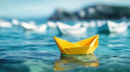 Leadership metaphor featuring a yellow paper boat navigating independently among white boats on clear water