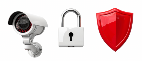 Security system icons CCTV camera, padlock, shield.