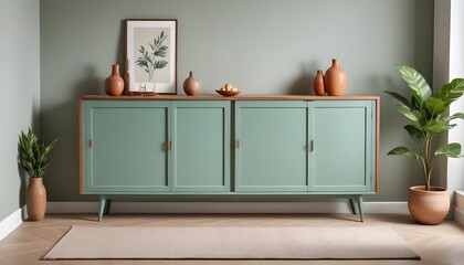 Wood sideboard in green living room with copy space