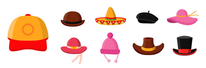 Hats set. Headdress flat vector illustrations. Men and women headwear shop. Fashionable wardrobe accessories. Baseball cap, sombrero, beret. Panama, cowboy hat, cylinder, bowler.
