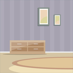 Empty living room interior with wooden chest of drawers and pictures hanging on wall. Modern apartment room design. Flat vector illustration.