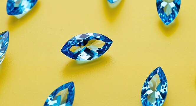 Marquise topaz bright blue brilliance sparkling clarity on a bright yellow background