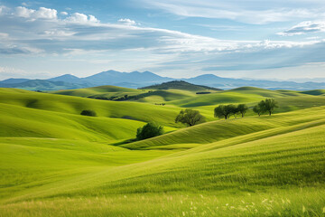 Fototapeta premium landscape of green fields with beautiful clouds floating over blue sky illustrating elements of natural beauty