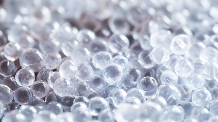Transparent Plastic pellets Background Close-up translucent Plastic granules Polymer plastic beads resin polymer