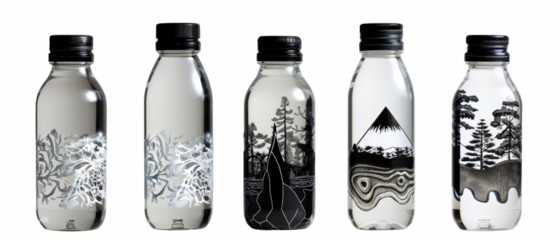 Six glass bottles with unique grayscale nature scenes inside.