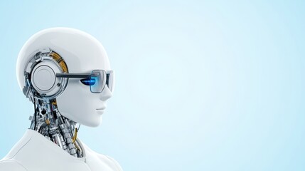 Futuristic humanoid robot with glasses and a metallic structure.