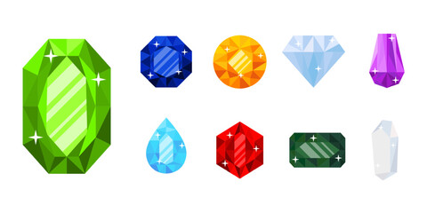 Precious gemstones vector illustration set. Luxurious gems, glamor jewelry, shiny treasure. Sapphire, ruby, emerald, topaz and diamond. Game icons of magic mineral crystals.