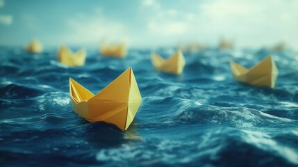 Paper boat scene with a yellow boat standing out and changing direction amidst a uniform fleet, symbolizing inspiration