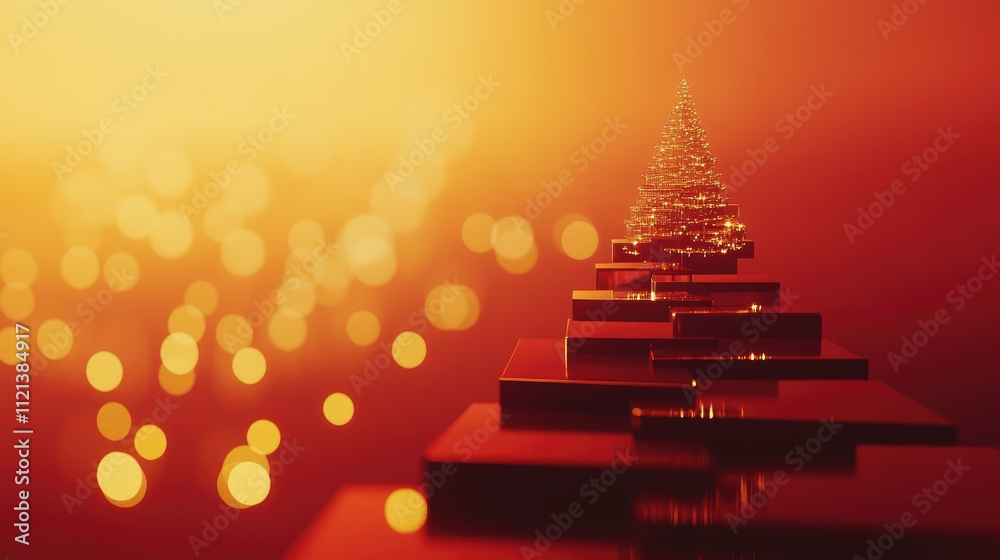 Fototapete Progress bar under a minimalistic Christmas tree on red, golden bokeh lights adding warmth and festivity