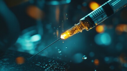 A syringe with a glowing, golden liquid, suspended in the air, capturing an intense, focused moment with a sense of precision.