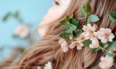 Naklejka premium A close-up of a person with long hair adorned with flowers.
