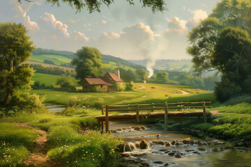 landscape of green fields with beautiful clouds floating over blue sky and farm house setup illustrating elements of natural beauty