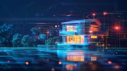 Obraz premium A digital house with an orange core stands in a futuristic setting with network diagrams, digital circuit elements, and a water reflection.