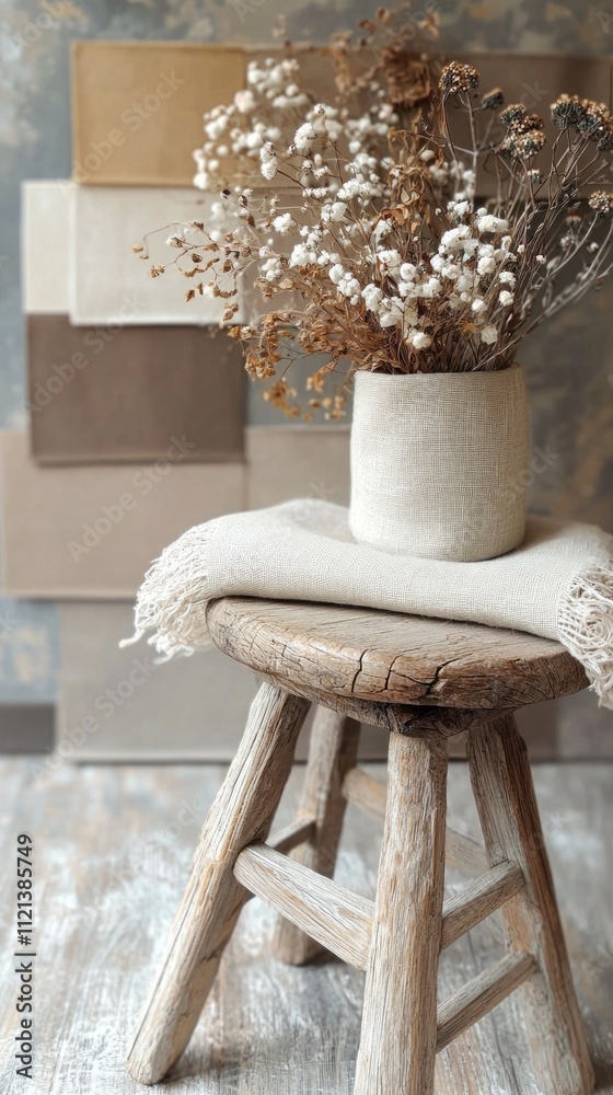 Poster a charming rustic stool holds a vase filled with dried flowers, bathed in soft light. behind, a soot