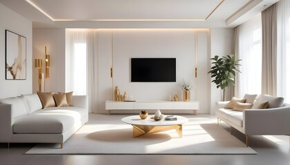Modern living room interior composition with grey modern sofa, wooden , folding screen and modern Home